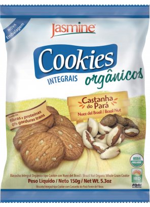 ORG-CASTANHA DO PARA.png - Cookies Integrais Orgânicos Castanha do ParáLivre de Gorduras Trans95% de ingredientes orgânicos Ingredientes: Farinha de trigo integral orgânica, farinha de trigo orgânica fortificada com ferro e ácido fólico, gordura de palma orgânica, melado de cana orgânico, açúcar mascavo orgânico, castanha do Pará orgânica, açúcar demerara orgânico, fécula de mandioca orgânica, sal, agentes de crescimento (fosfato monocálcico, bicarbonato de sódio, bicarbonato de amônio), estabilizante natural lecitina de soja e aromas naturais.Produto Orgânico certificado – 95% de ingredientes orgânicosCONTÉM GLÚTENDisponível na versão: 150g 